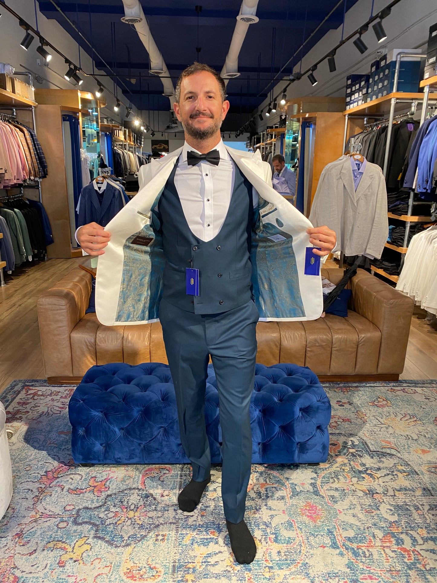 Custom Off-White Dinner Jacket with Personalized Blue Vest and Pants — The Perfect Wedding Ensemble