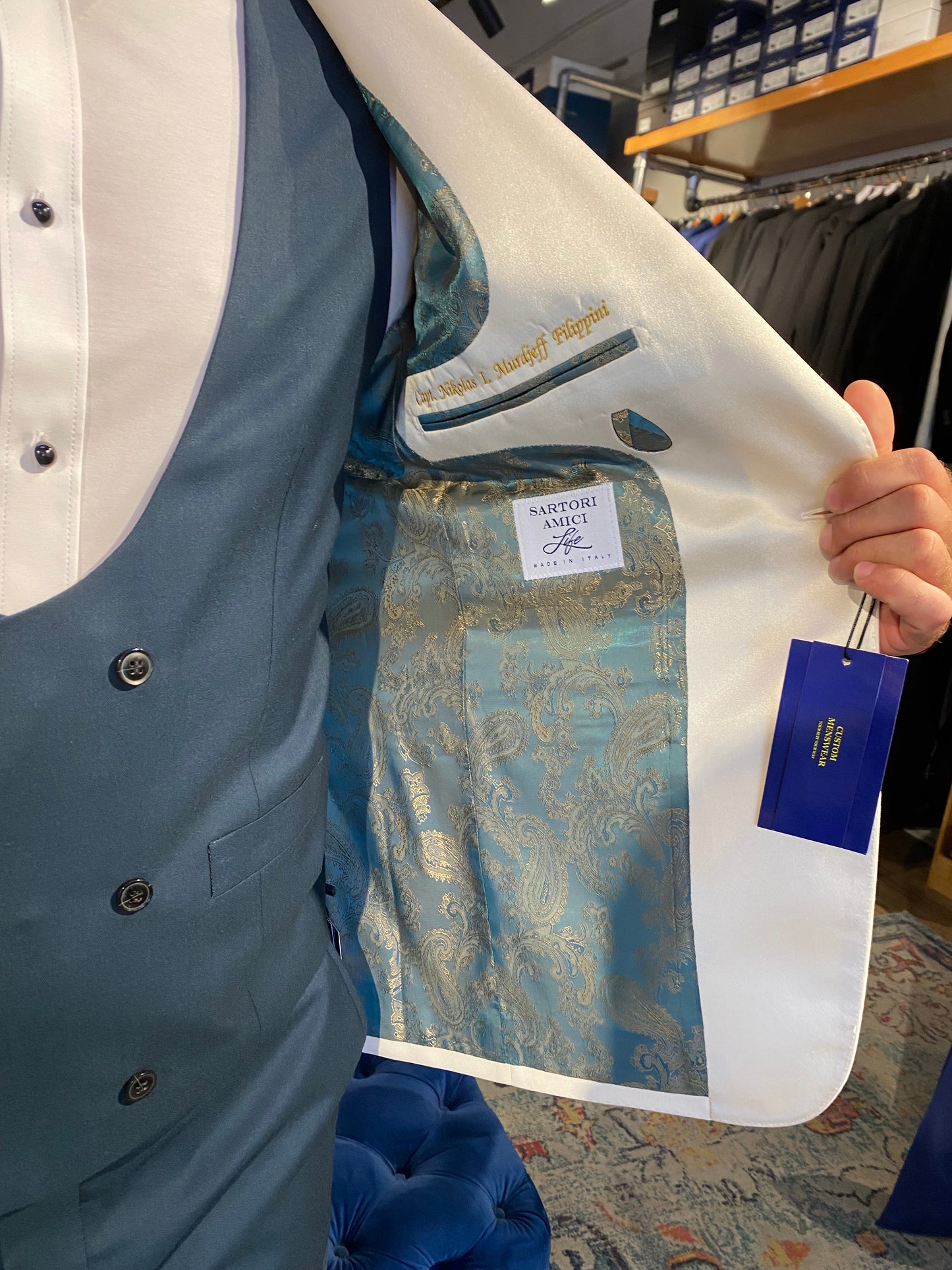 Custom Off-White Dinner Jacket with Personalized Blue Vest and Pants — The Perfect Wedding Ensemble