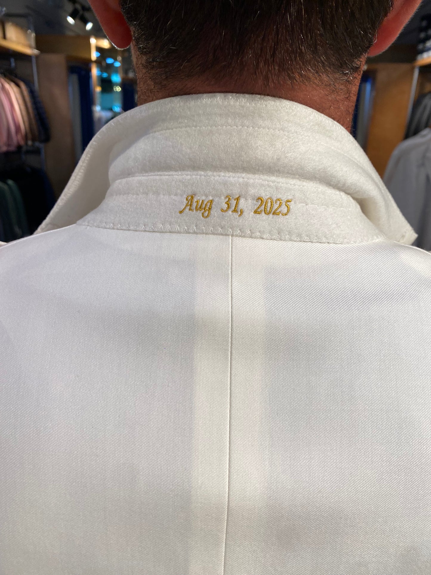Custom Off-White Dinner Jacket with Personalized Blue Vest and Pants — The Perfect Wedding Ensemble