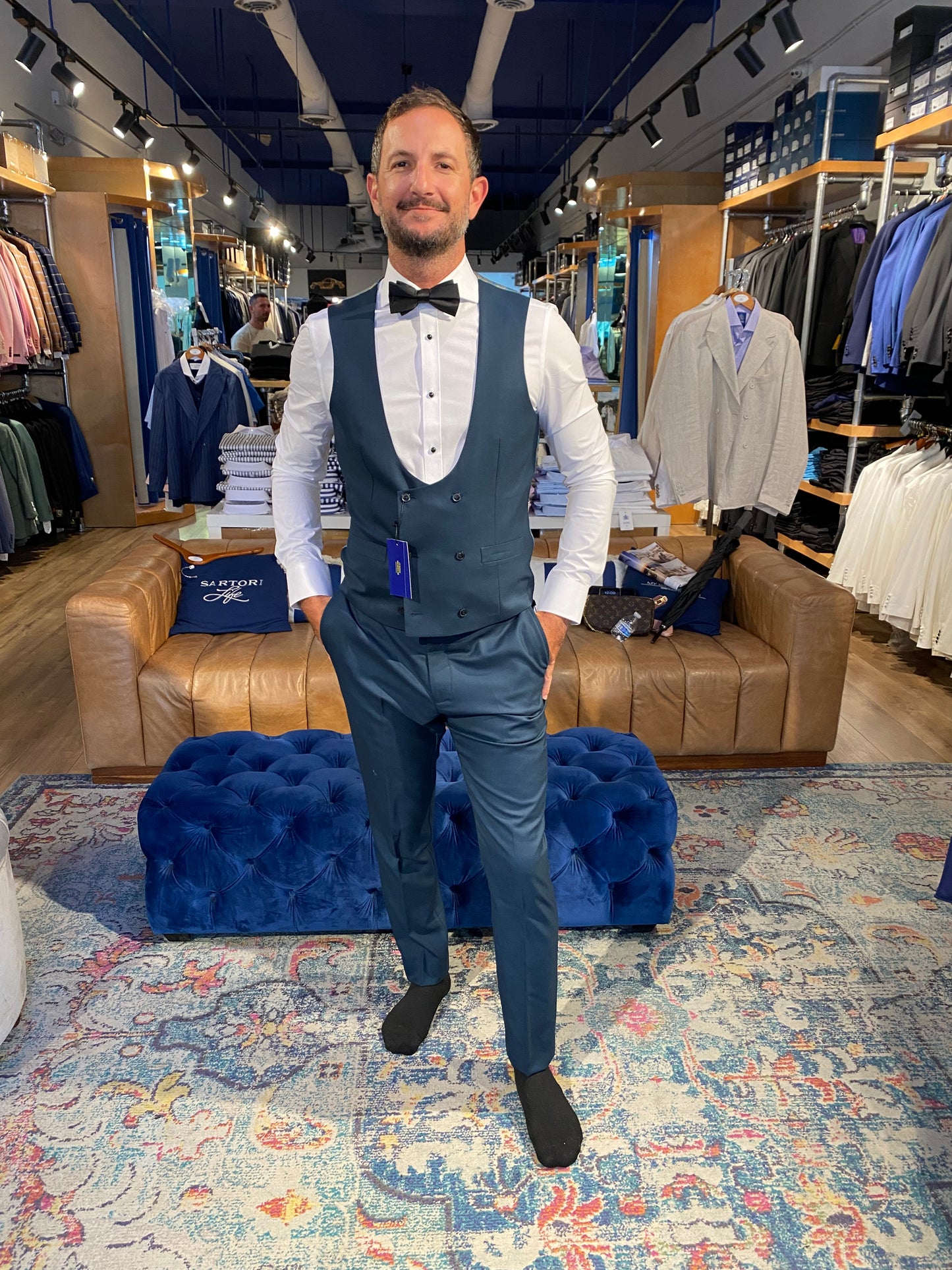 Custom Off-White Dinner Jacket with Personalized Blue Vest and Pants — The Perfect Wedding Ensemble