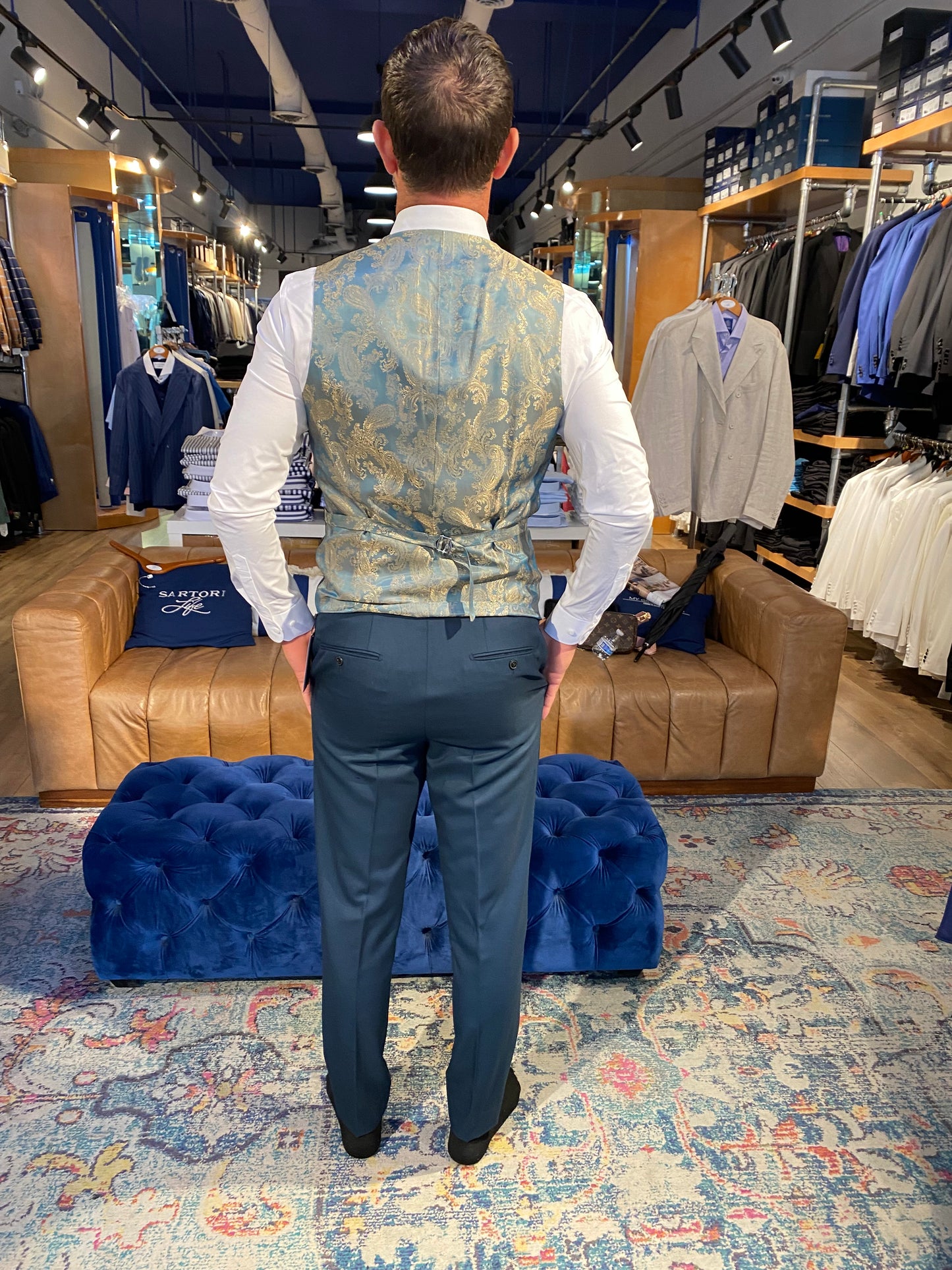 Custom Off-White Dinner Jacket with Personalized Blue Vest and Pants — The Perfect Wedding Ensemble