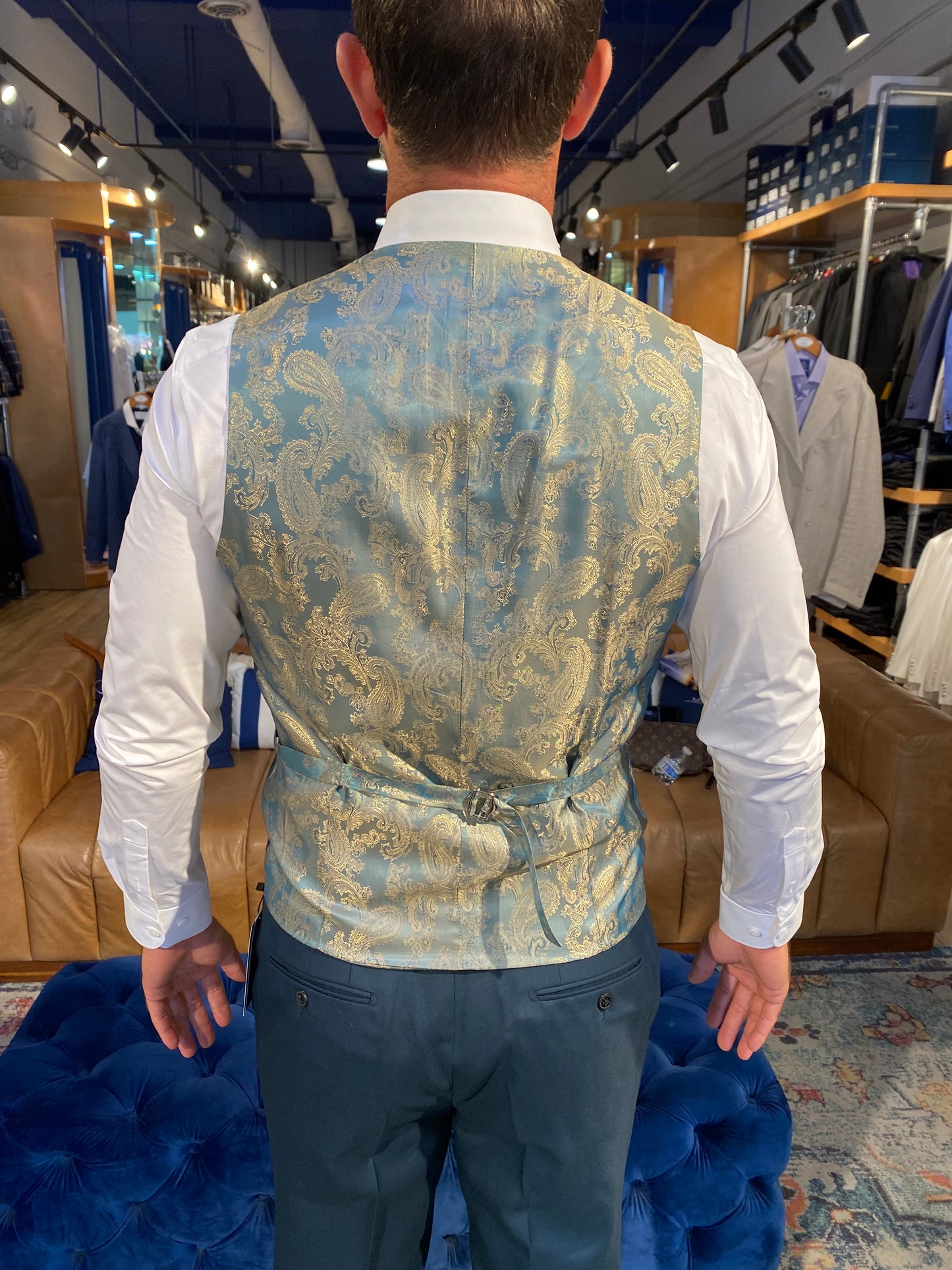 Custom Off-White Dinner Jacket with Personalized Blue Vest and Pants — The Perfect Wedding Ensemble