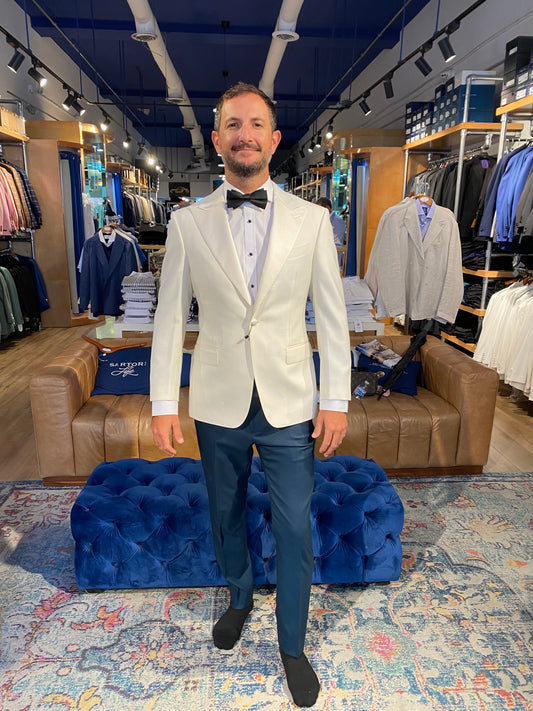 Custom Off-White Dinner Jacket with Personalized Blue Vest and Pants — The Perfect Wedding Ensemble