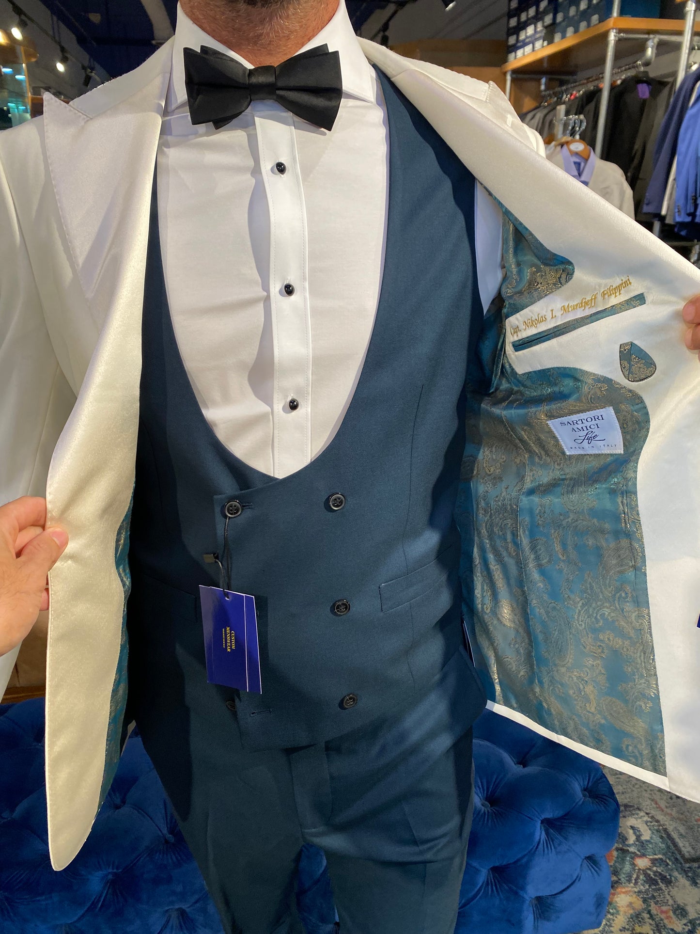 Custom Off-White Dinner Jacket with Personalized Blue Vest and Pants — The Perfect Wedding Ensemble